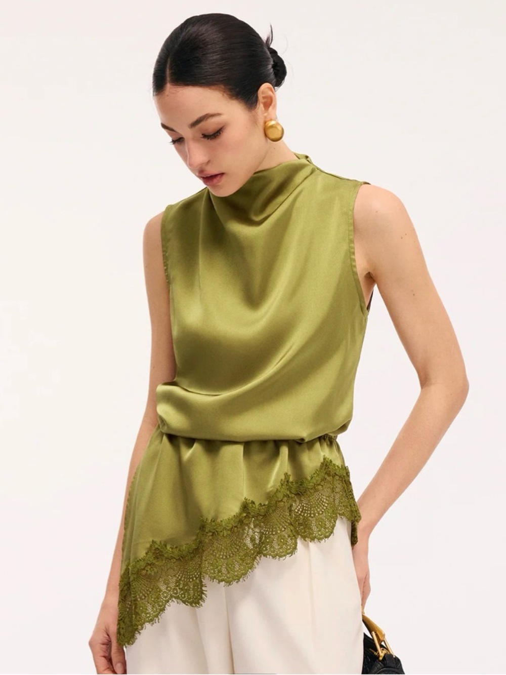 Sleeveless Satin Mock-Neck Tank with Lace Trim - Olive Green